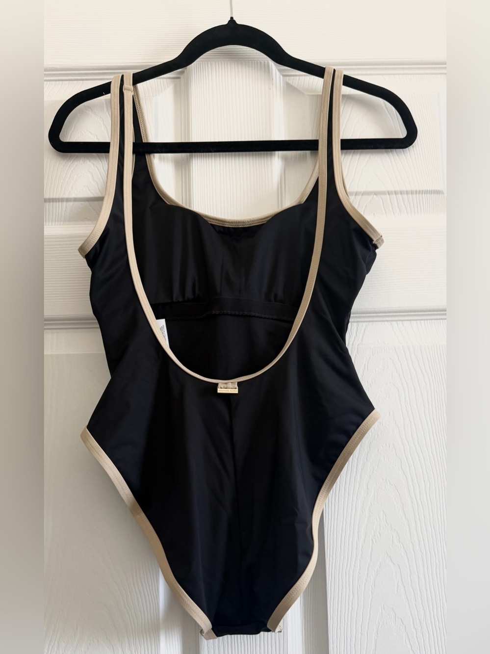 NWT Michael Kors Black One-Piece with Gold Logo Accent and Beige Trim - Picture 2 of 5